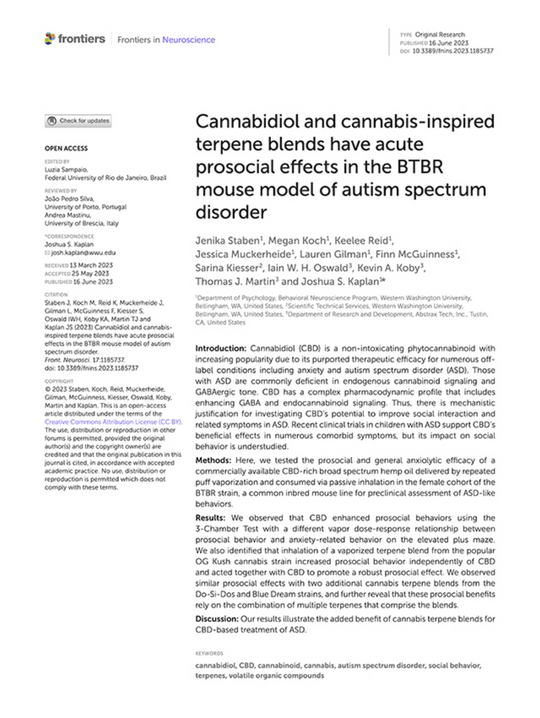 Cannabidiol and cannabis-inspired terpene blends have acute prosocial effects in the BTBR mouse model of autism spectrum disorder