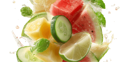 Agua Fresca terpenes shown with water-rich fruit slices.
