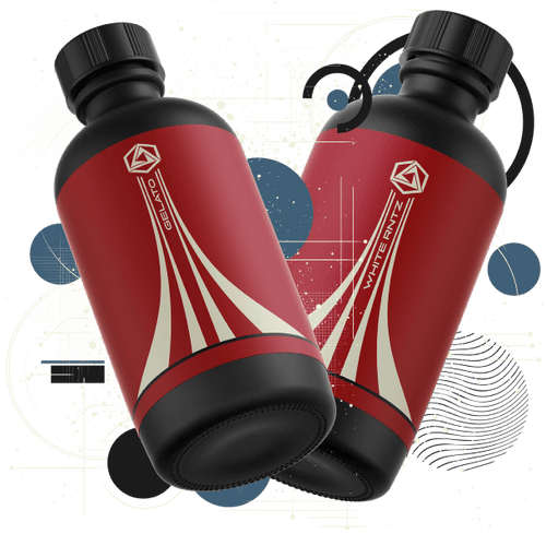 BrewGas red terpene-based cannabis flavor bottles with tech overlay.