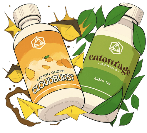 Cloudburst and Entourage terpene bottles with illustrated leaves.
