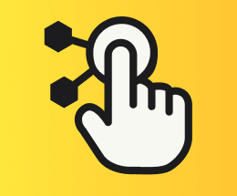 Black icon of a hand pointing to a hexagonal symbol on a yellow background