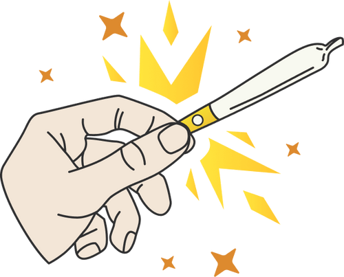 Hand popping a flavored bead inside a pre-roll with spark effects.