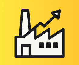 Burst bead factory icon with an upward arrow on a yellow background