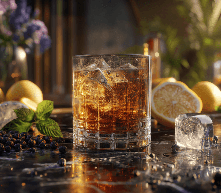 Glass of whiskey with ice cubes on a bar with lemons and berries