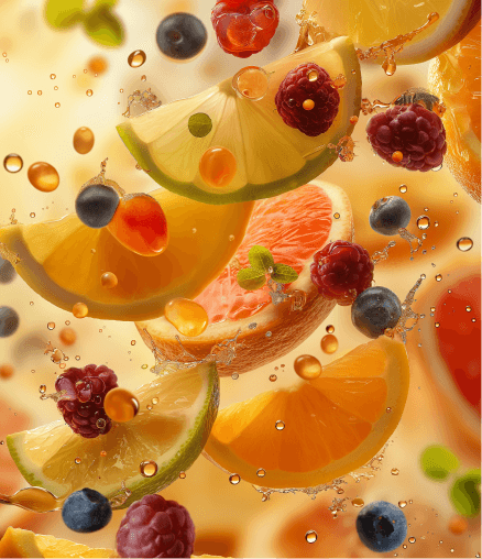 Fruit slices and berries in a liquid with bubbles, resembling a fruit cocktail.