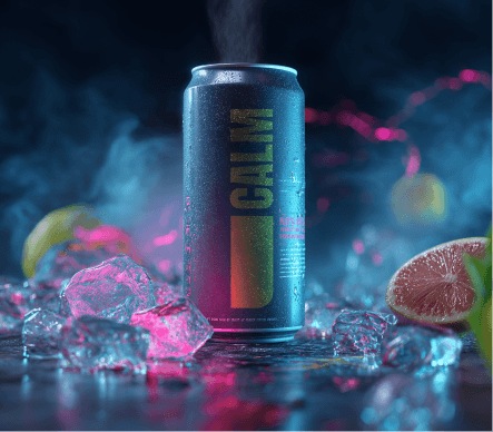 Cannabis drink with ice surrounded by fruit and vapor.