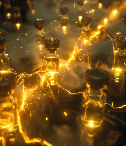 Amber glass bottles with cork stoppers on a reflective surface, emitting a warm glow.