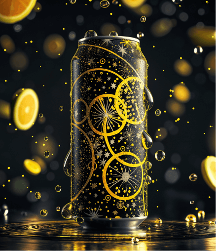 Cylindrical cannabis beverage can with gold circular designs on a dark background with orange slices