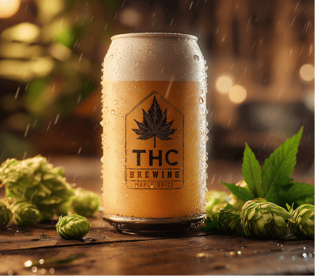 Pint glass with amber cannabis beer and hops.