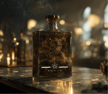 High-end cannabis-infused cocktail in glass bottle.