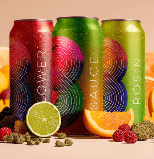 Sparkling cannabis beverages in colorful branded cans.