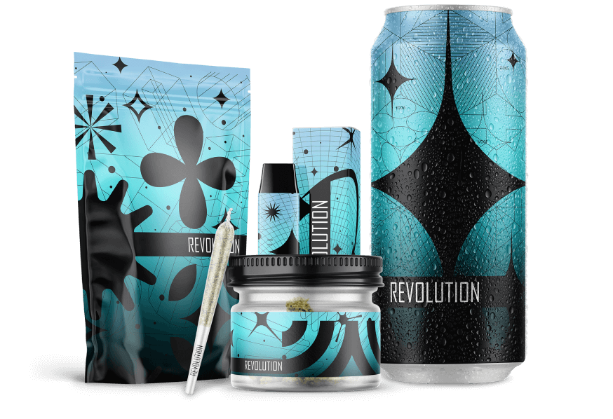 Collection of Revolution branded products including a can, jar, and packaging on a white background.