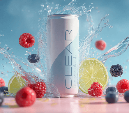 Seltzer can surrounded by citrus slices and berries.