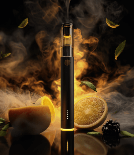 Vape pen with smoke and fruit elements on a dark background