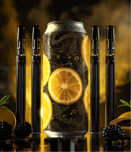 Can of cannabis-infused lemonade with sliced lemons surrounded by vape devices on a reflective surface.