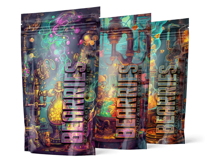 Colorful Berries gummy packaging bags with psychedelic artwork.