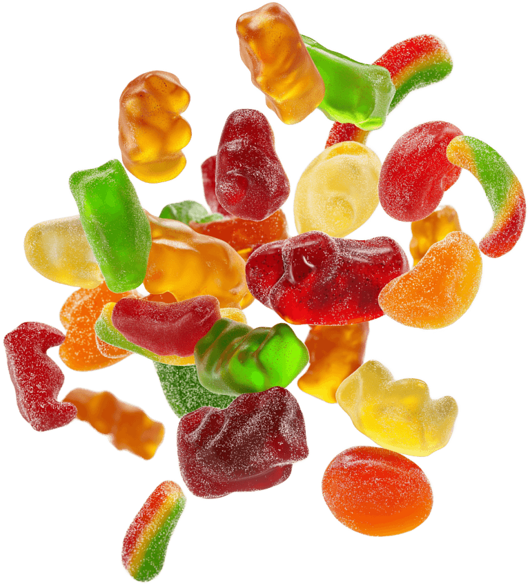 Assorted gummies floating on a transparent background.