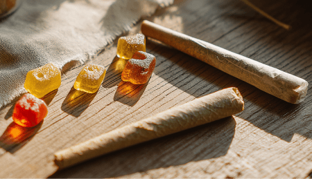 Cannabis gummies arranged next to pre-rolls.