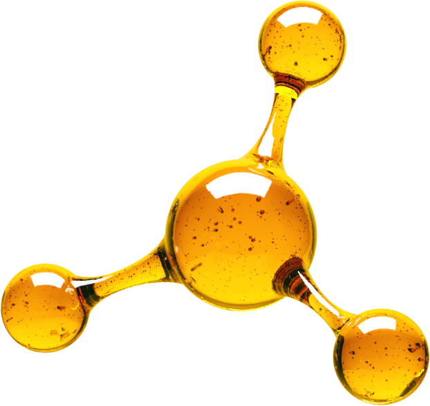 A yellow molecular structure with one central sphere and three smaller connected spheres.