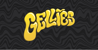 Gellies gummy flavoring card shown with stylized black label artwork.