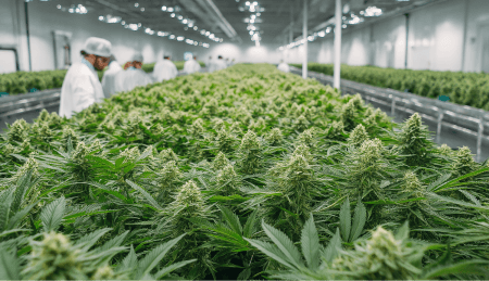 Cannabis grow facility with flowering plants.
