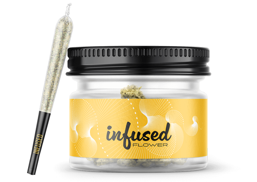Infused flower jar with a dipped pre-roll beside it.