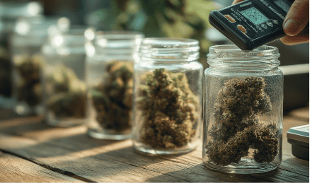 Row of jars filled with cannabis flower ready for infusion.