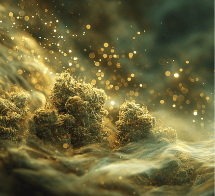 Macro image of infused cannabis flower with vapor clouds.