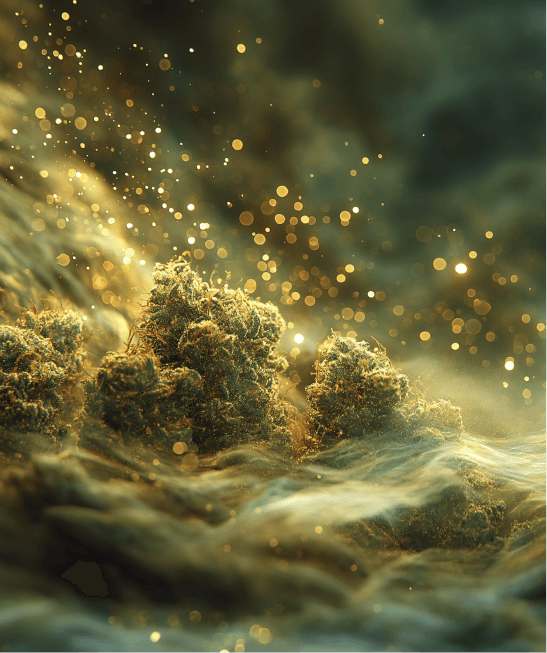 Macro image of infused cannabis flower with vapor clouds.