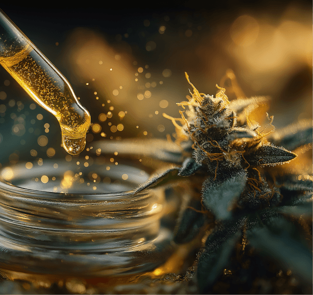 Dropper applying infusion oil onto cannabis flower.