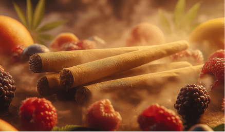 Pre-rolls surrounded by mixed berries and vapor.