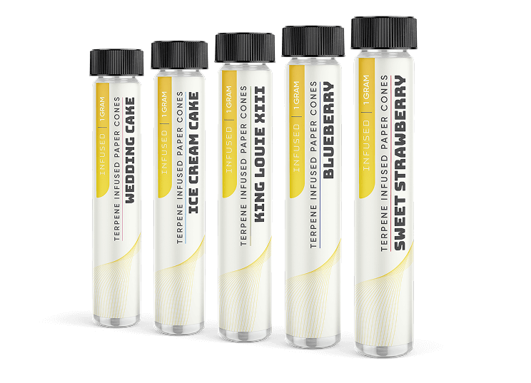 Infused pre-rolls packaged in glass tubes with white labels.