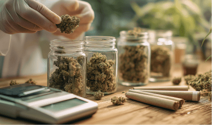 Cannabis flower jars being prepared for pre-roll infusion.