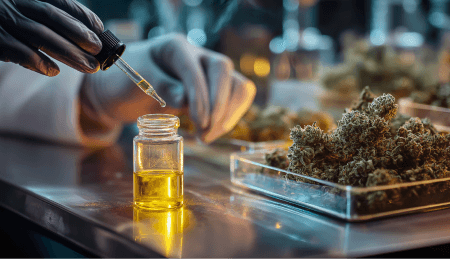 Lab technician applying terpene oil to cannabis flower.