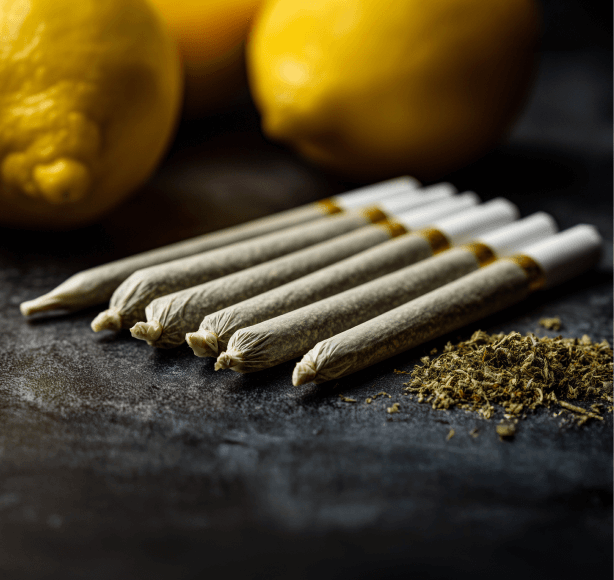 Pre-rolls arranged beside lemon zest.