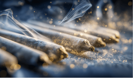 Lineup of cannabis pre-rolls surrounded by smoke.