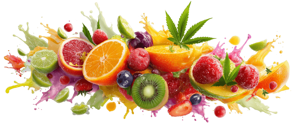 Fruit explosion splash artwork representing cannabis beverage and edible flavoring.