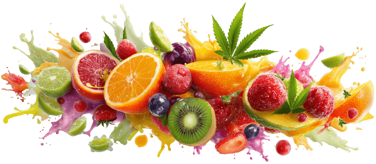 Fruit explosion splash artwork representing cannabis beverage and edible flavoring.