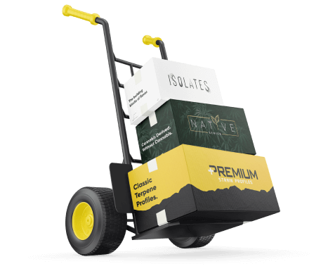 Hand-truck cart carrying wholesale terpene application boxes.