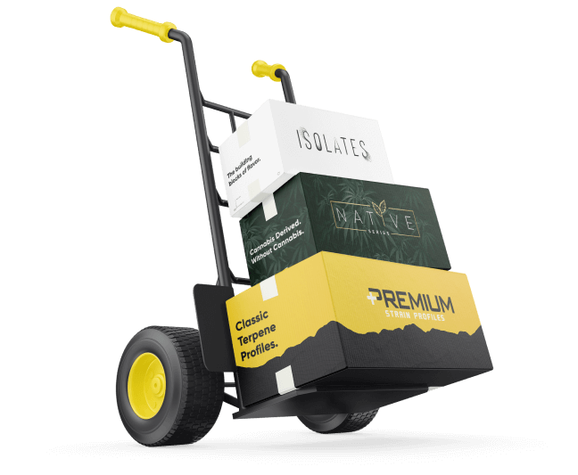 Hand-truck cart carrying wholesale terpene application boxes.
