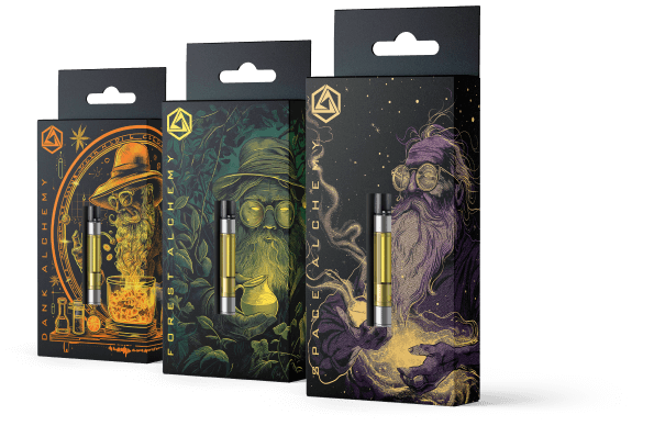 Terpene blend retail box packaging in various colors.