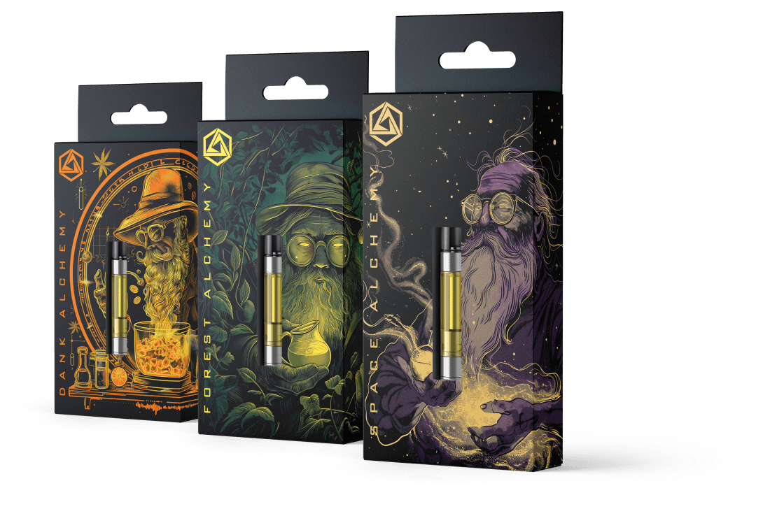 Terpene blend retail box packaging in various colors.