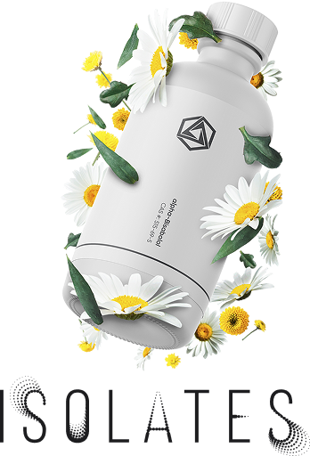 Terpene Isolates bottle and logo displayed with floral molecular artwork on the Terpenes by Application page.