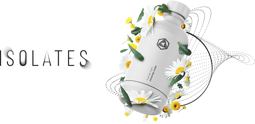 Terpene Isolates bottle and logo displayed with floral molecular artwork on the Terpenes by Application page.