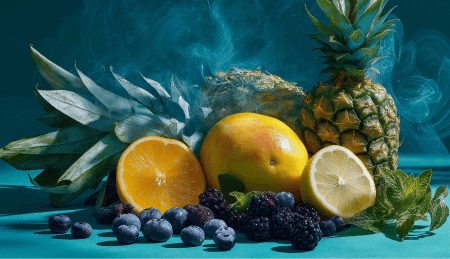 Fruit arrangement featuring lemon, pineapple, berries, and vapor.