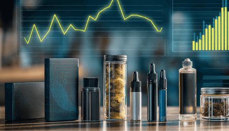 Vapes displayed with growth analytics chart in background.