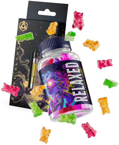 Relaxed gummy bottle with vape packaging.