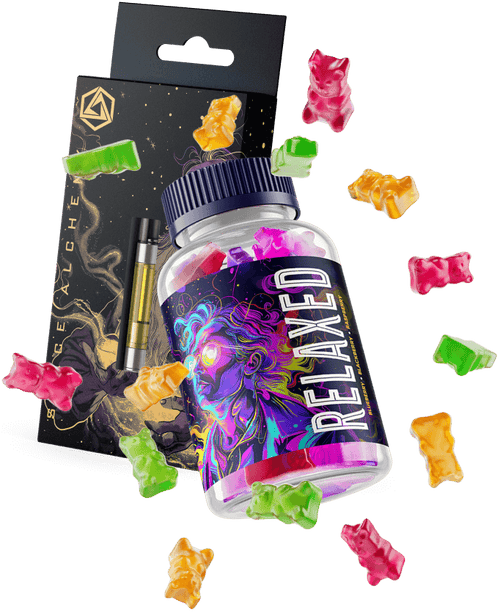 Relaxed gummy bottle with vape packaging.