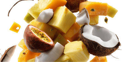 Tropical terpenes shown with pineapple, mango, and coconut.