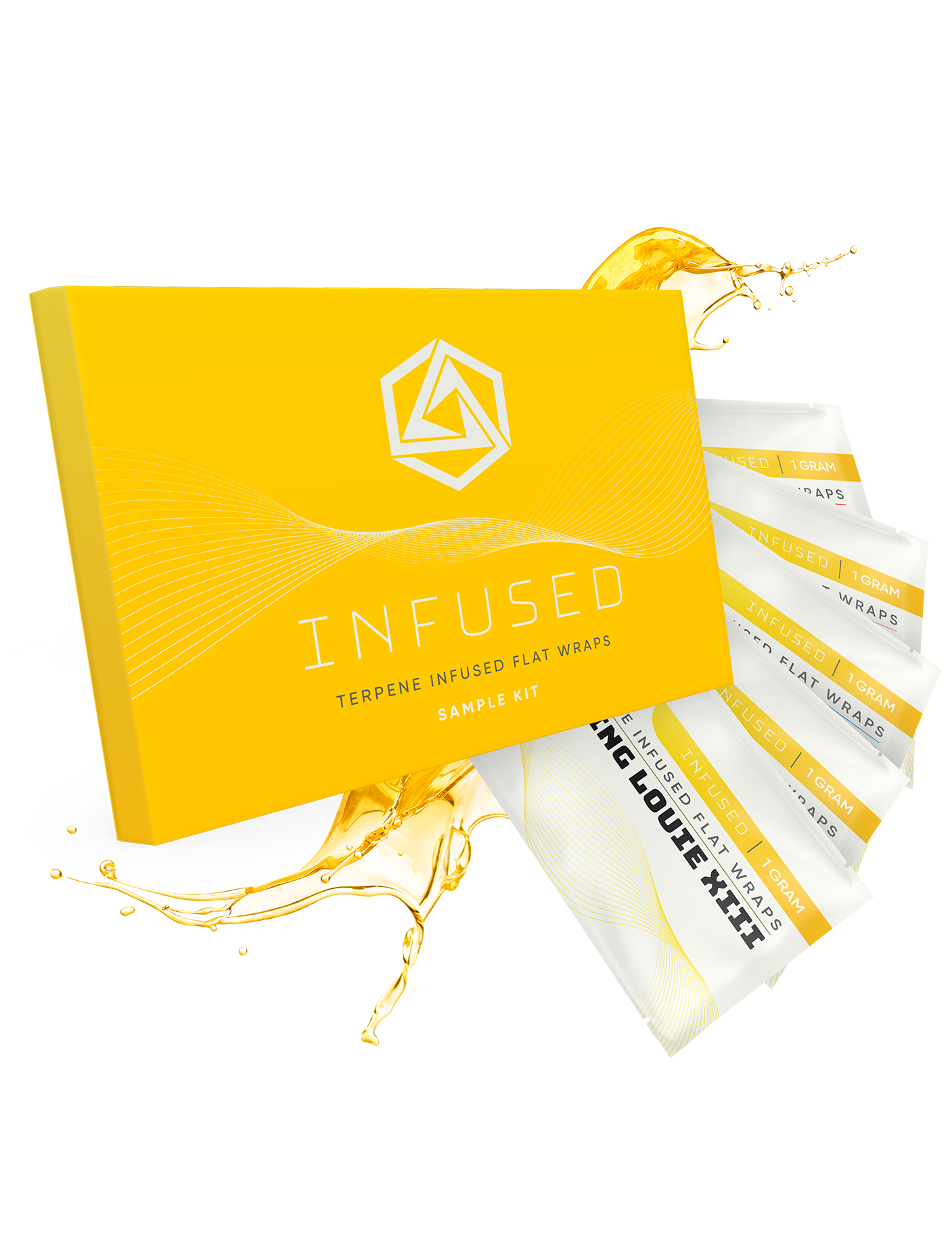 A yellow box labeled 'INFUSED Terpene Infused Flat Wraps Sample Kit' with wraps and liquid splashing out.